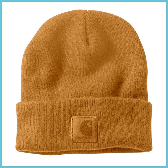 Acrylic Rib Knit Beanie Hat with Leather Patch Warm Winter Accessory